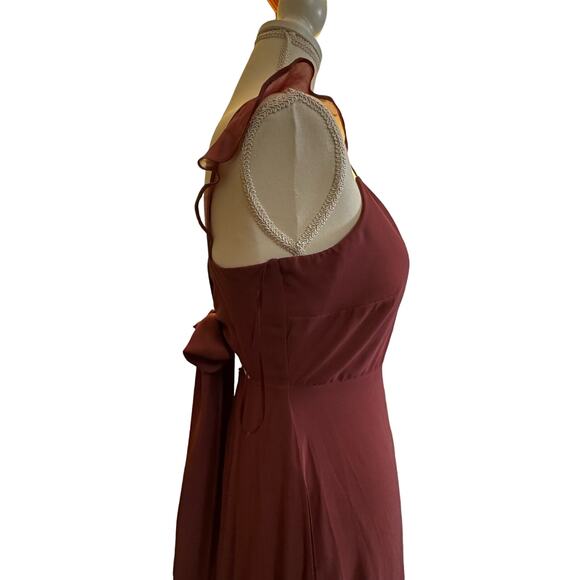 Burgundy Flowing Formal Birdy Gray Gown with Romantic Flouncy Ruffle Sleeve Bow - Picture 9 of 11